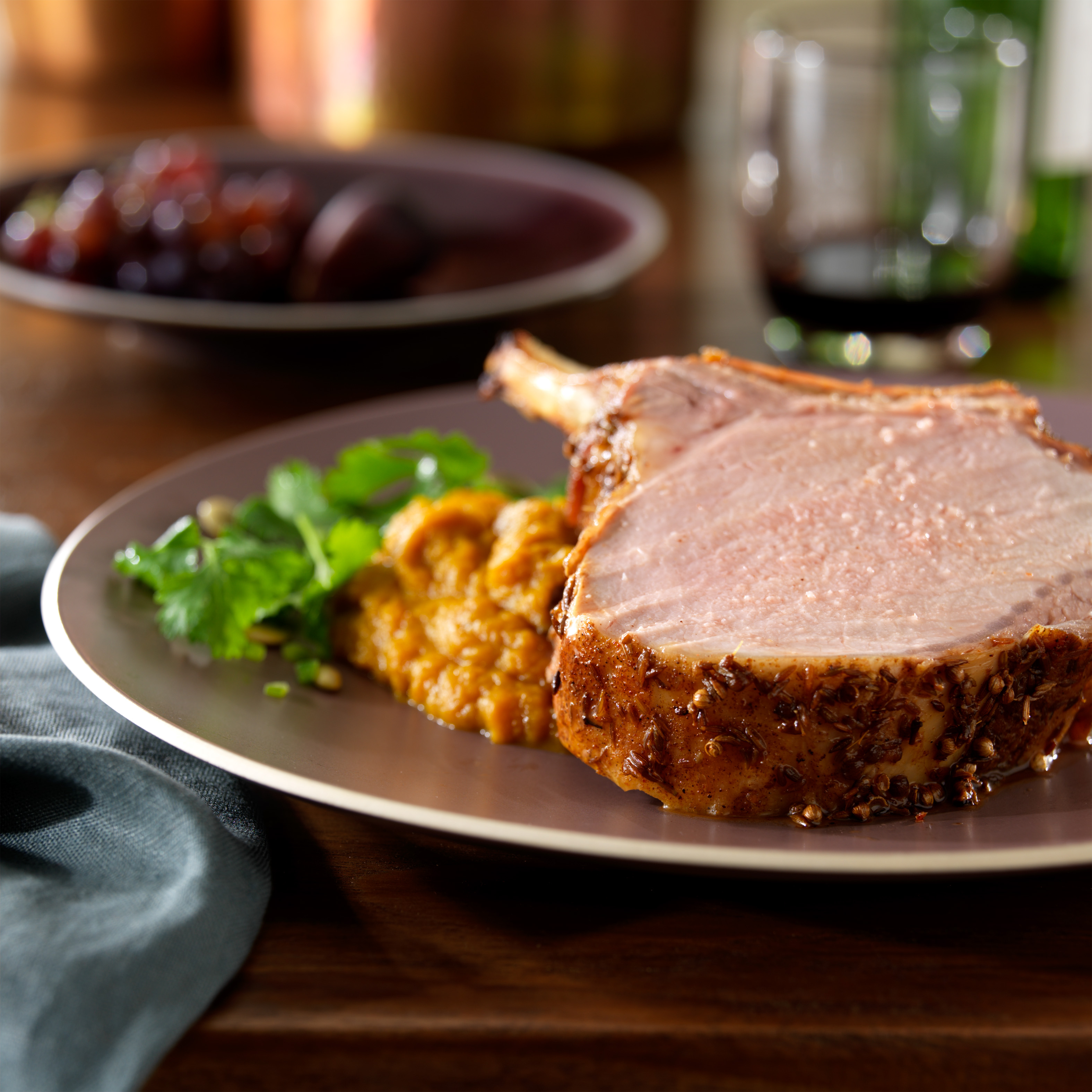 Coriander and Cumin Roasted Rack of Pork with Five Spice Pumpkin Puree