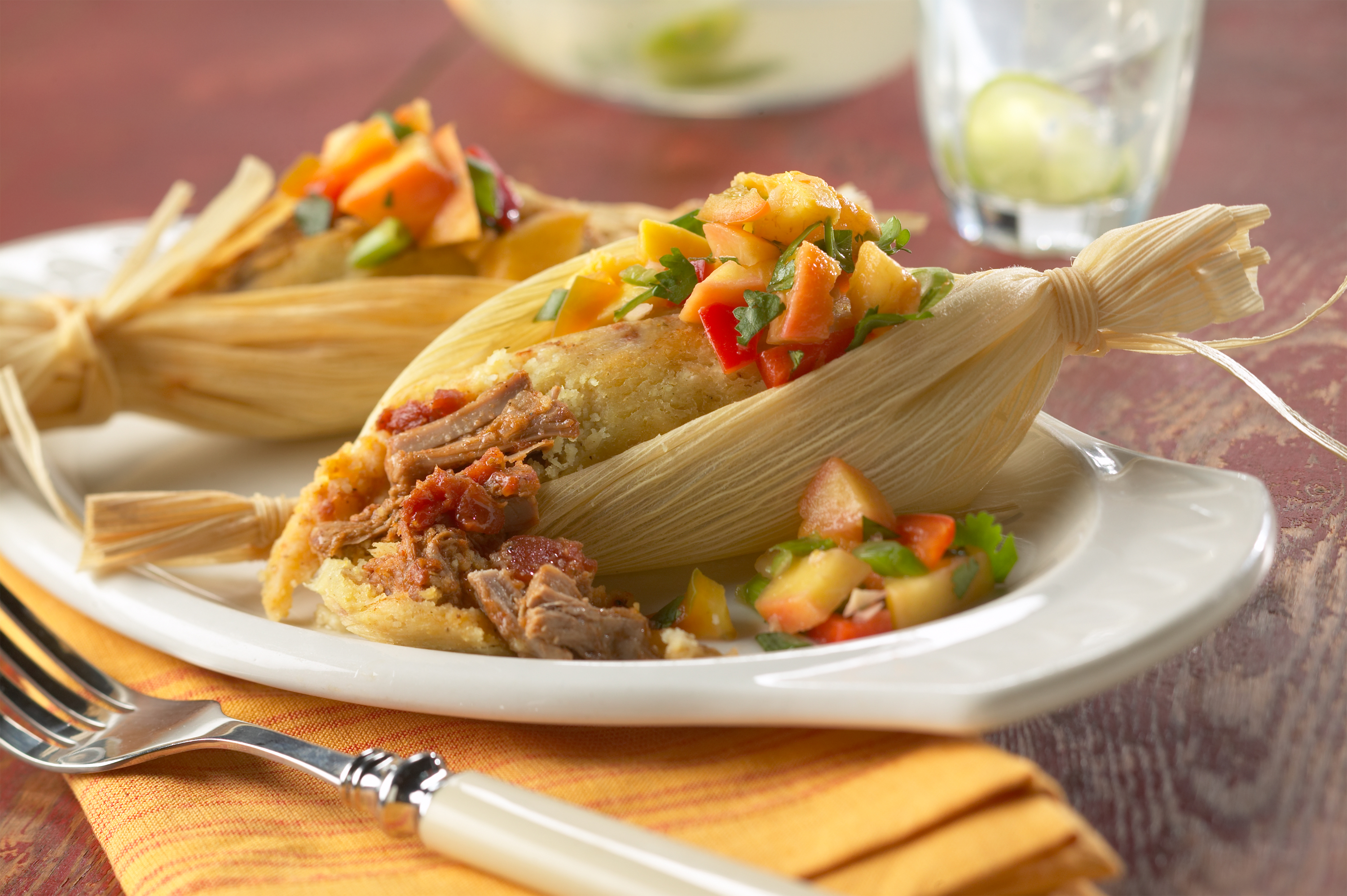 Tamale with Spanish Braised Pork Shank and White Peach Salsa Pork